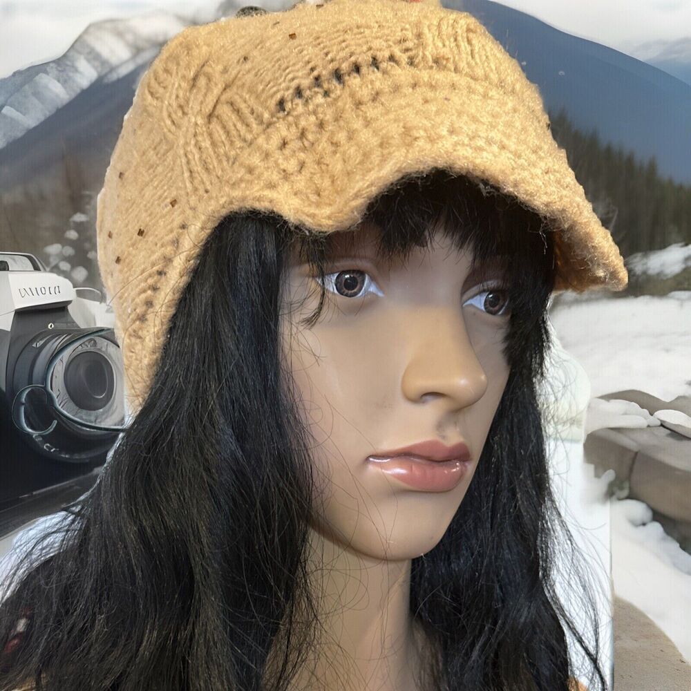 HAT Knit Cable With Tiny Beads And With A Brim Cream W/Brown Beads 22”around